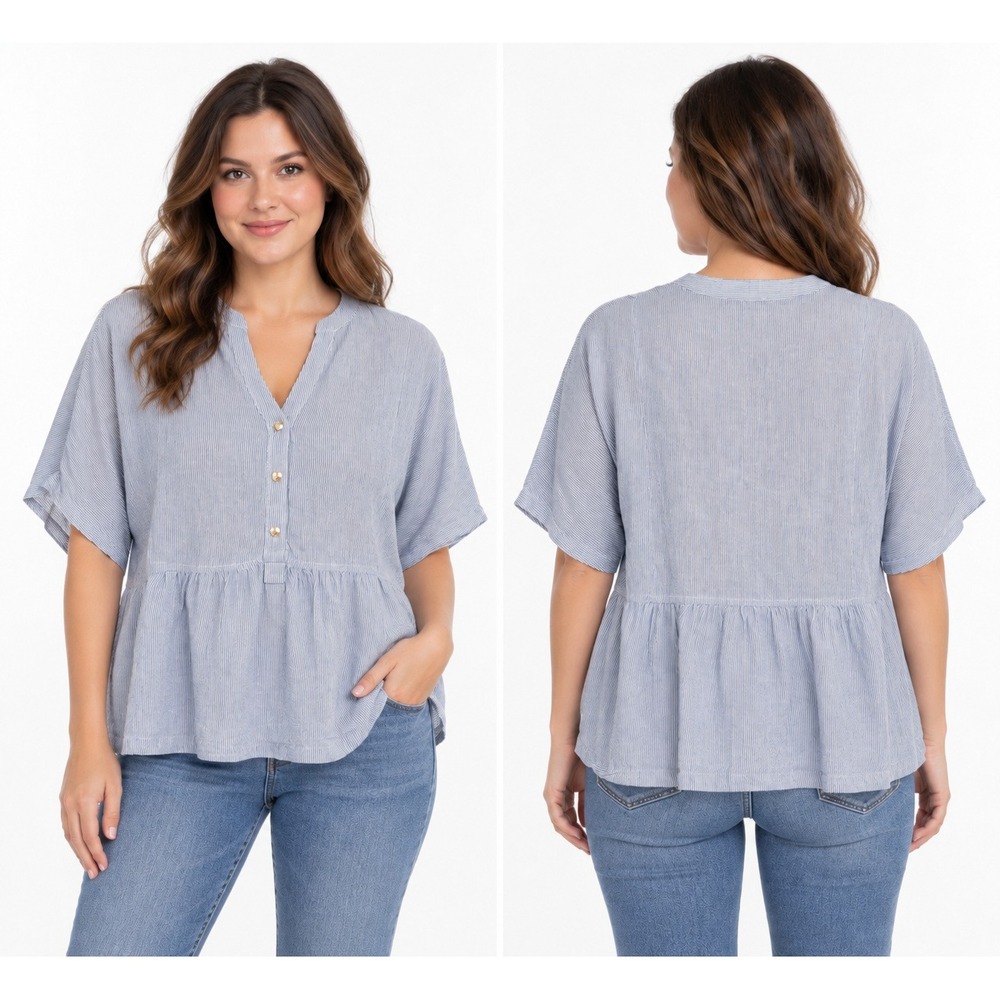 Nautica Jeans Blue White Pinstripe Linen Blend Peplum Top XS Short Sleeve Blouse